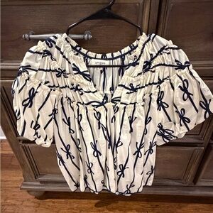 Umgee Cream Blouse with Navy Bow-Stripe Puff Sleeves